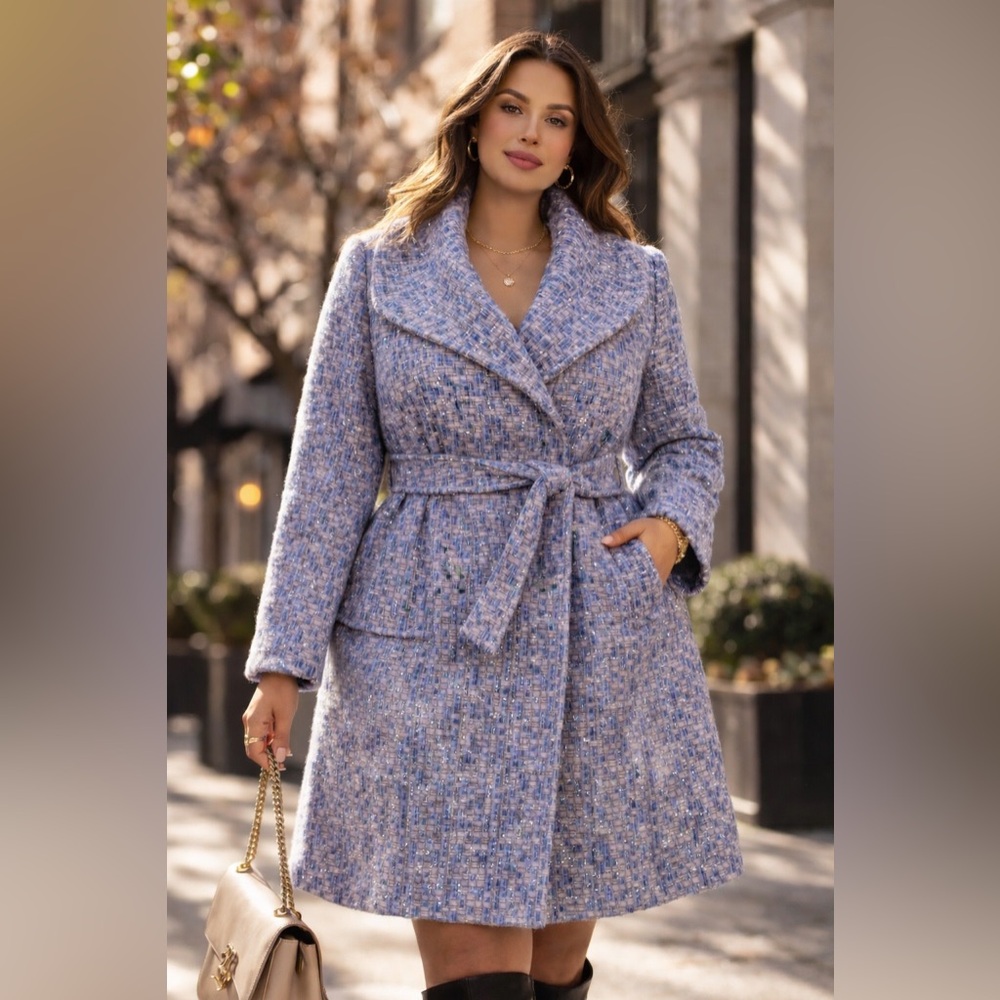 Kathy Ireland Womens XL lavender Blue metallic Tweed Long Coat Belted Textured